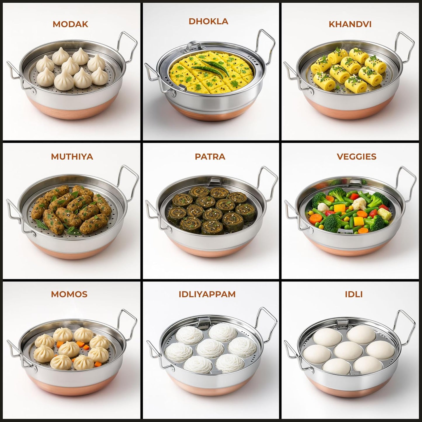 QSEC Stainless Steel Multi Kadai Idli Cooker Steamer With Copper Bottom All-In-One Big Size Dhokla Cooker | 5 Plate 2 Idli | 2 Dhokla | 1 Patra | Momo Steamer | 3 In 1 | Idli Maker Steamer, 6 Liters