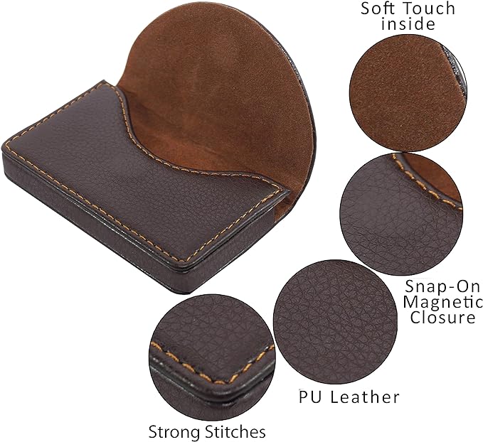 NISUN Leather Pocket Sized Credit Card Holder Name Card Case Wallet with Magnetic Shut for Men & Women Brown (Half Moon Shape)