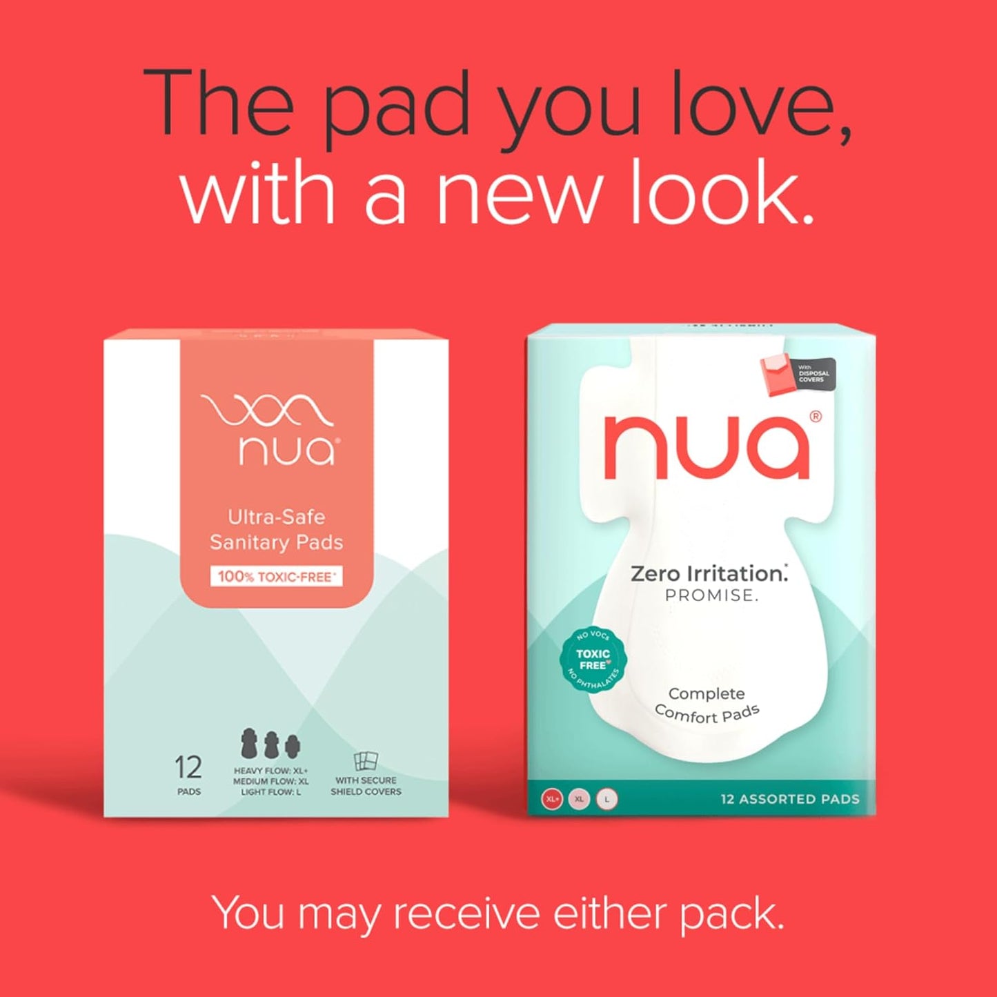Nua Complete Comfort Sanitary Pads for Sensitive Skin | Pack of 12 Pads (3 Heavy Flow, 5 Medium Flow, 4 Light Flow) with Disposal covers | Zero Irritation