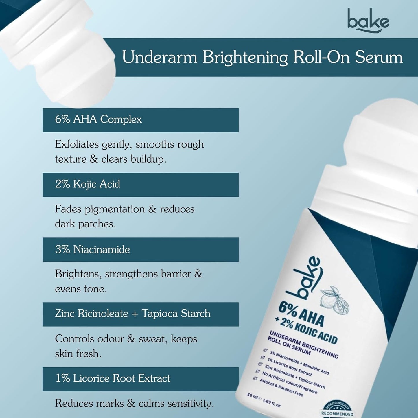 Bake 6% AHA Underarm Roll On with 2% Kojic Acid, 3% Niacinamide, 50 ml