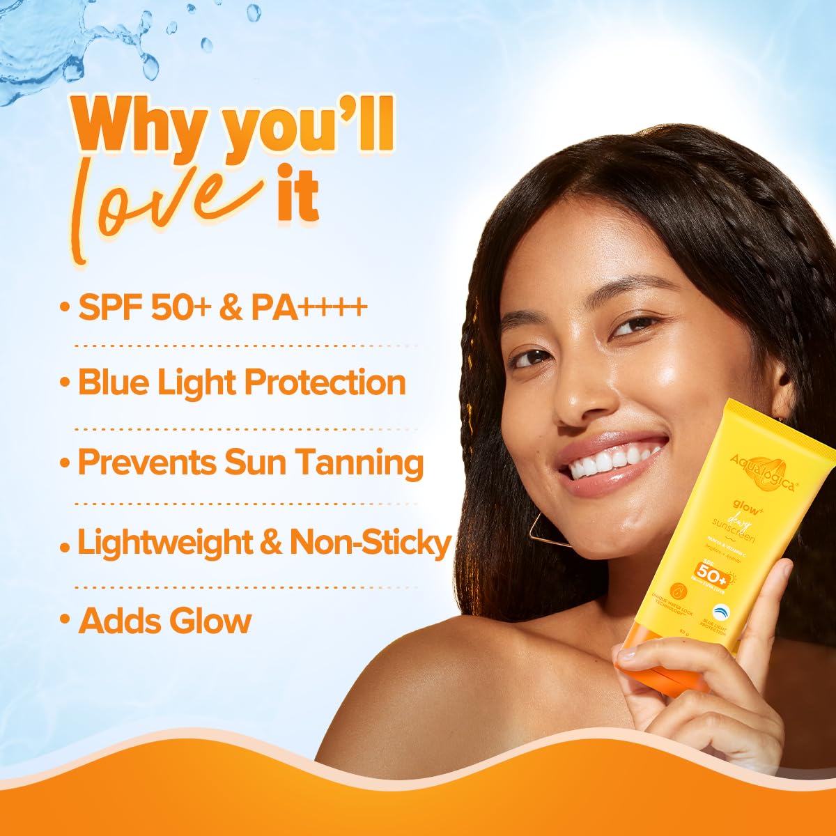 Aqualogica Glow+ Dewy Lightweight & Hydrating Sunscreen with SPF 50+ & PA++++ for UVA/B & Blue Light Protection & No White Cast for Men & Women -Oily, Combination & Glowing Skin -80g