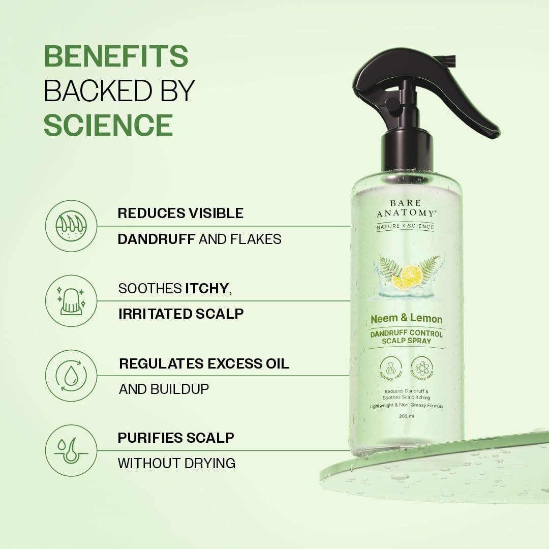 Bare Anatomy Nature x Science Dandruff Control Scalp Spray with Neem Leaf, Lemon & Tea Tree Extract, 200 ml