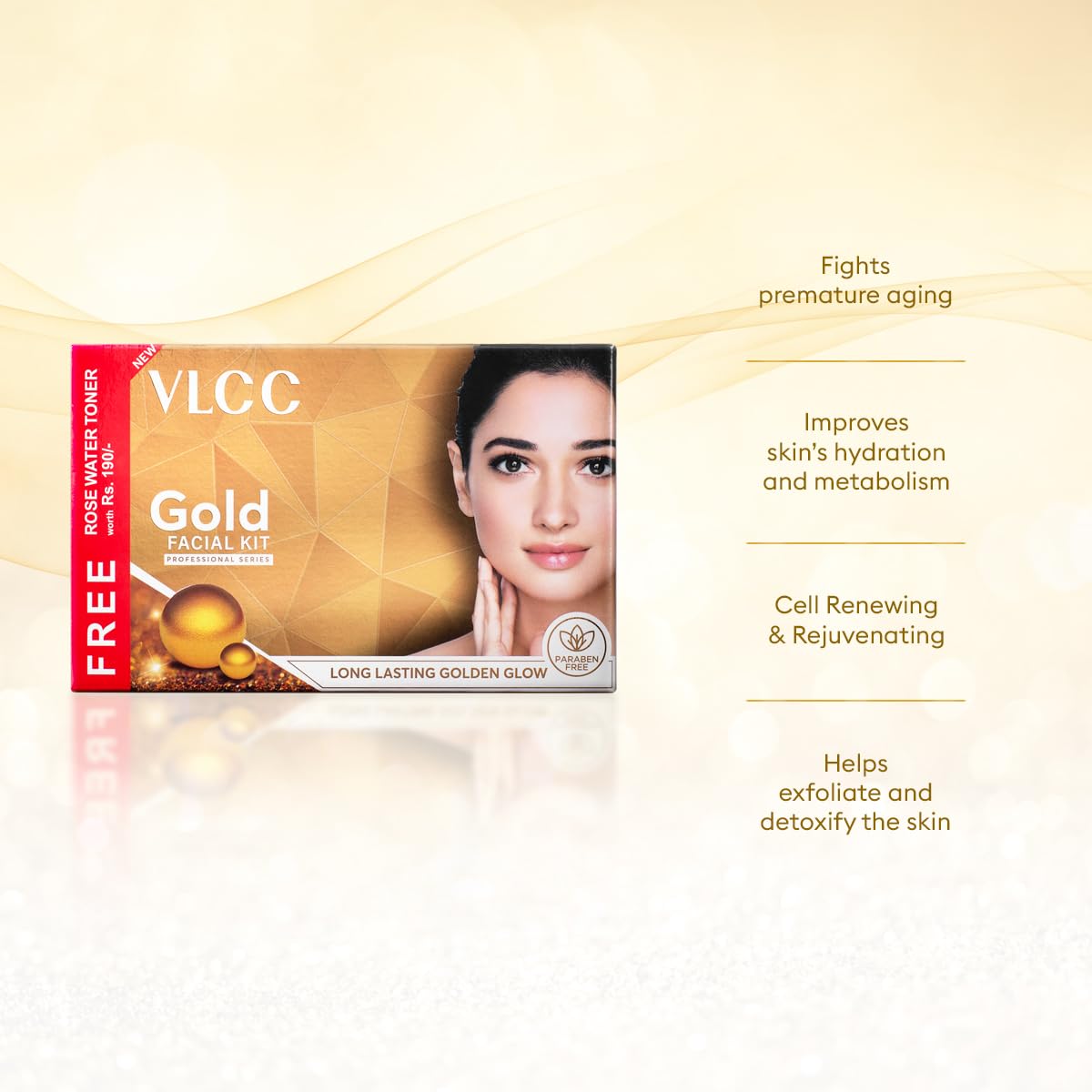 VLCC Gold Facial Kit with FREE Rose Water Toner - 300g + 100ml | 24K Colloidal Gold And Aloe Vera At Home Facial Kit