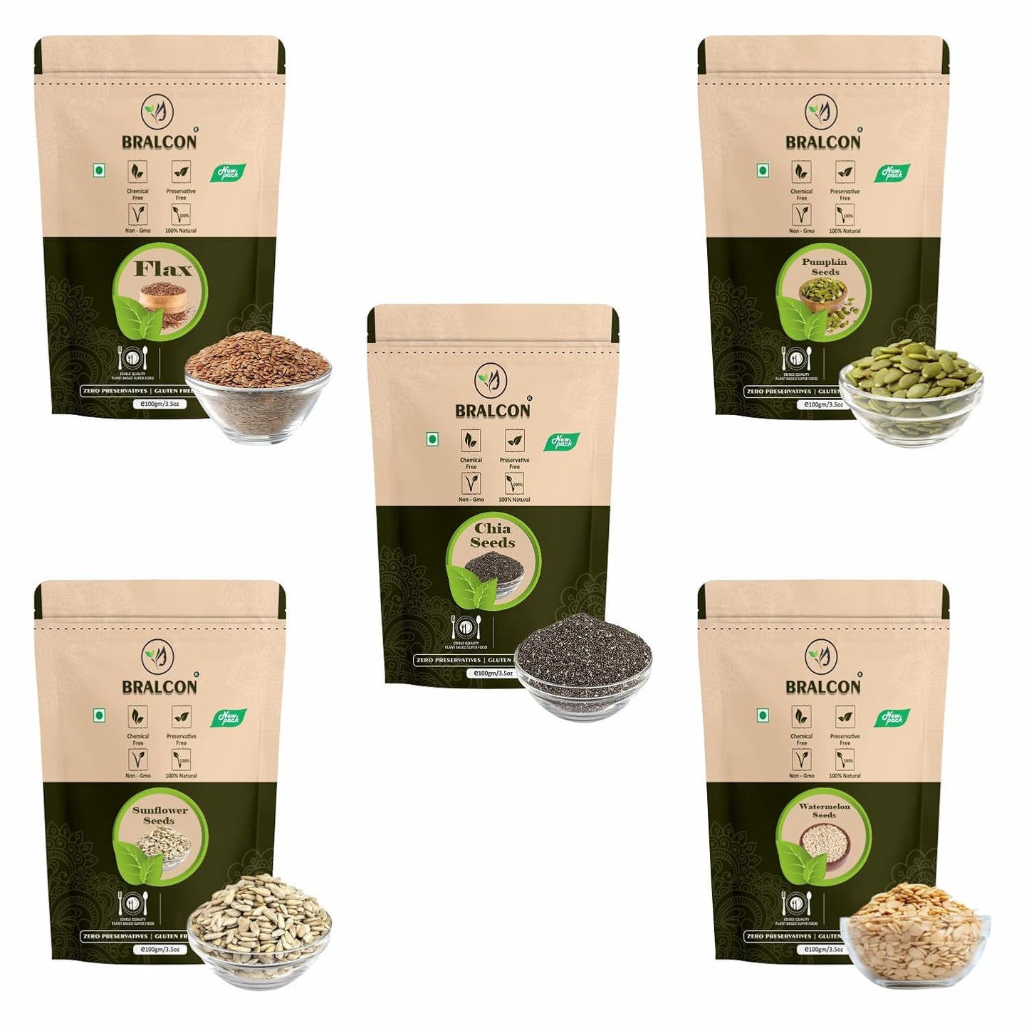 BRALCON Seeds Combo of Chia, Watermelon, Pumpkin, Sunflower, Flax Seeds - 500g (5 x 100g Each Pack) | Unroasted Mix Seeds for eating with Omega 3 and rich in Fiber, Protein for Weight Loss