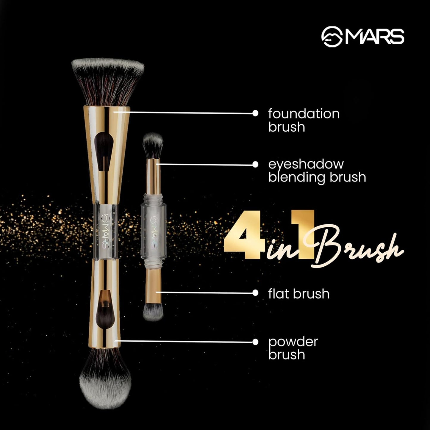 MARS 4 in 1 Travel Brush with Foundation Brush, Powder Brush, Eyeshadow Blending Brush & Flat Brush | Soft Bristles Makeup Brushes Set for Women