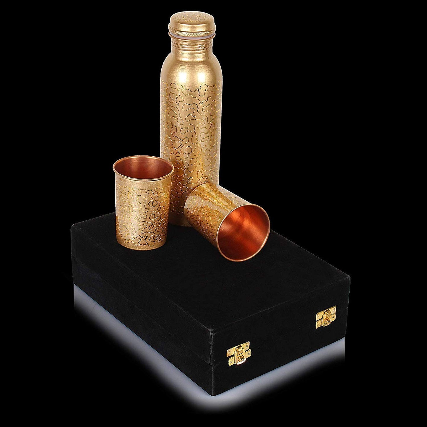 R Ayur. Copper Water Bottle, 1000 ml,(Bottle With 2 Glass) In velvet gift box