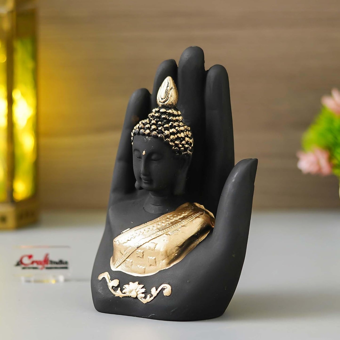 eCraftIndia Polyresin Golden Handcrafted Palm Buddha Polyresin Showpiece (12.5 cm x 7.5 cm x 17.5 cm, Black)