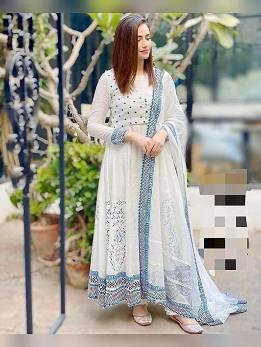 AESTHETIC PARADIGM Rayon Printed White Anarkali with Dupatta Kurti for Women