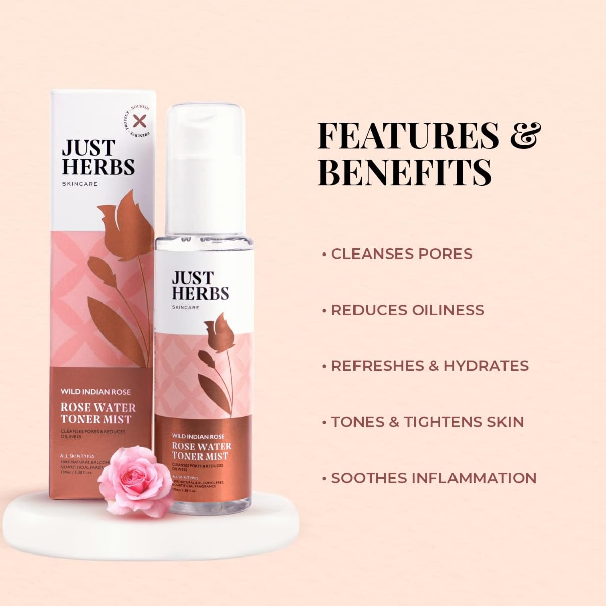 Just Herbs Ayurvedic Gulab Jal/Rose Water Spray Facial Mist Toner 100 ml