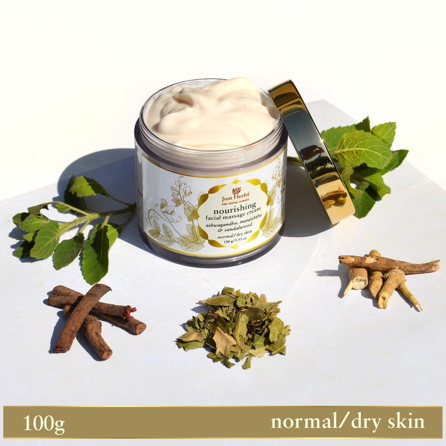 Just Herbs Ayurvedic Herbal Nourishing Face Moisturizing Massage Cream with Ashwagandha & Neem, 100 gm (Pack of 2)