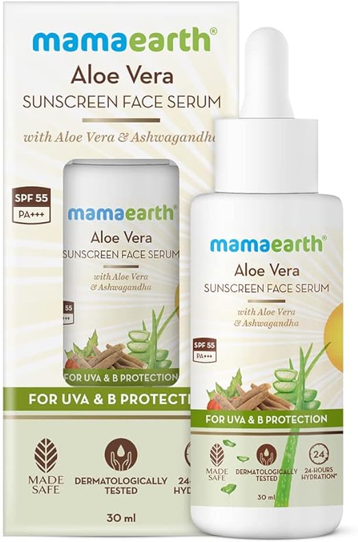 Mamaearth Aloe Vera Sunscreen Face Serum with SPF 55, with Aloe Vera & Ashwagandha for UVA& B Protection - 30 ml