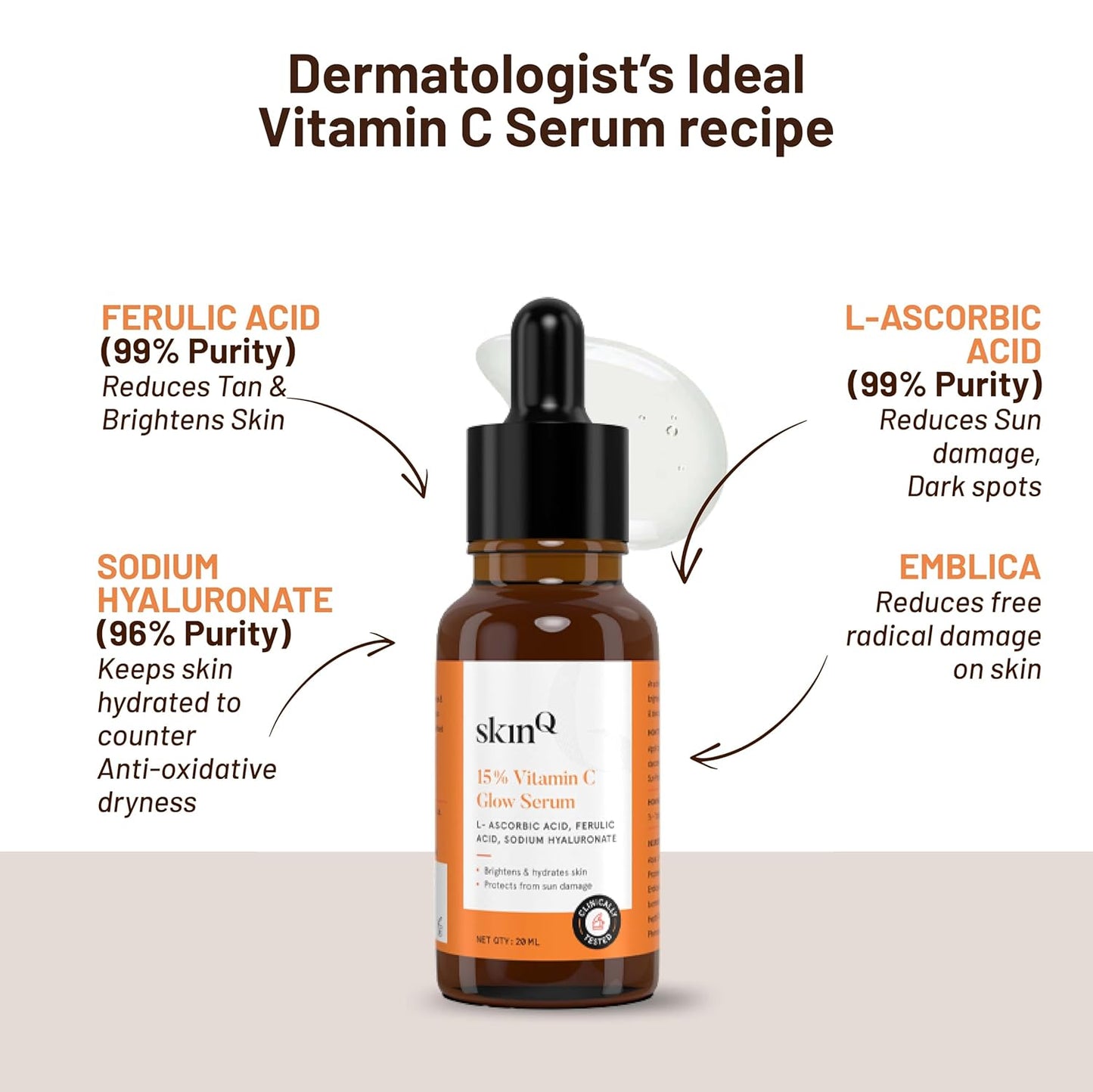 SkinQ 15% Vit C Face Serum for Glowing & Brightening Skin, Helps reduce Pigmentation, Patches, Dark Spots & Tan, 20 ml