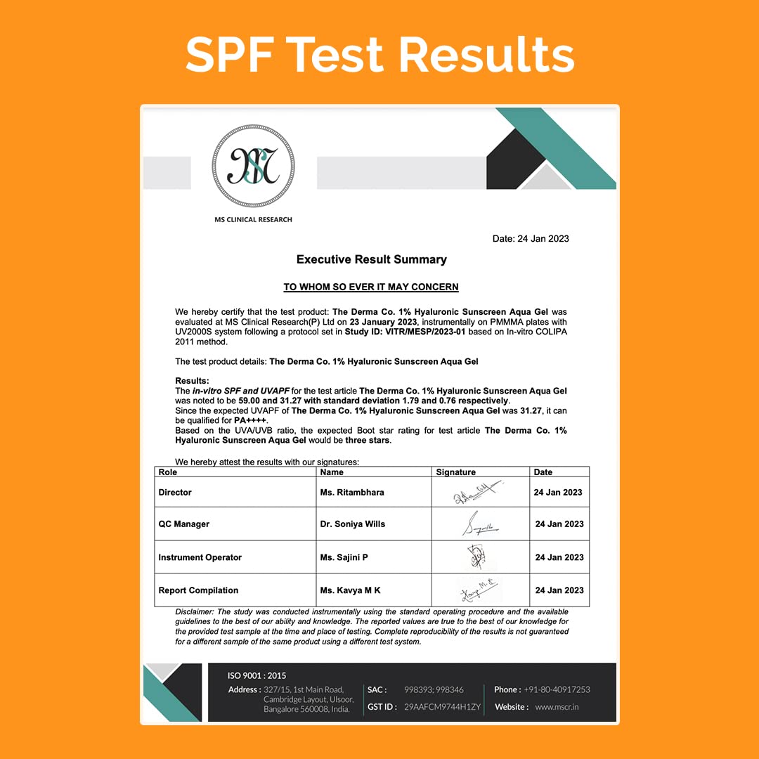 The Derma Co 1% Hyaluronic Sunscreen Aqua Gel SPF 50 PA++++ I Ultra Lightweight Texture, I Non-Greasy I No White Cast | Broad Spectrum Protection & Blue Light Protection I For All Skin Types- 80 g