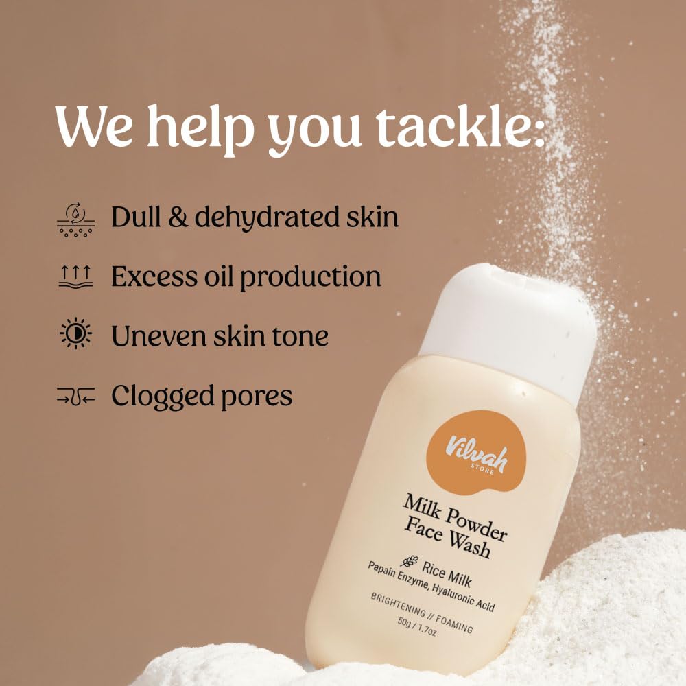 Vilvah Store Milk Powder Face Wash | Gentle Exfoliation & Deep Cleansing | Enriched with Rice Milk, Rice Silk,Rice Powder | For Normal to Oily & Acne Prone Skin | Unscented | Men & Women | 50G