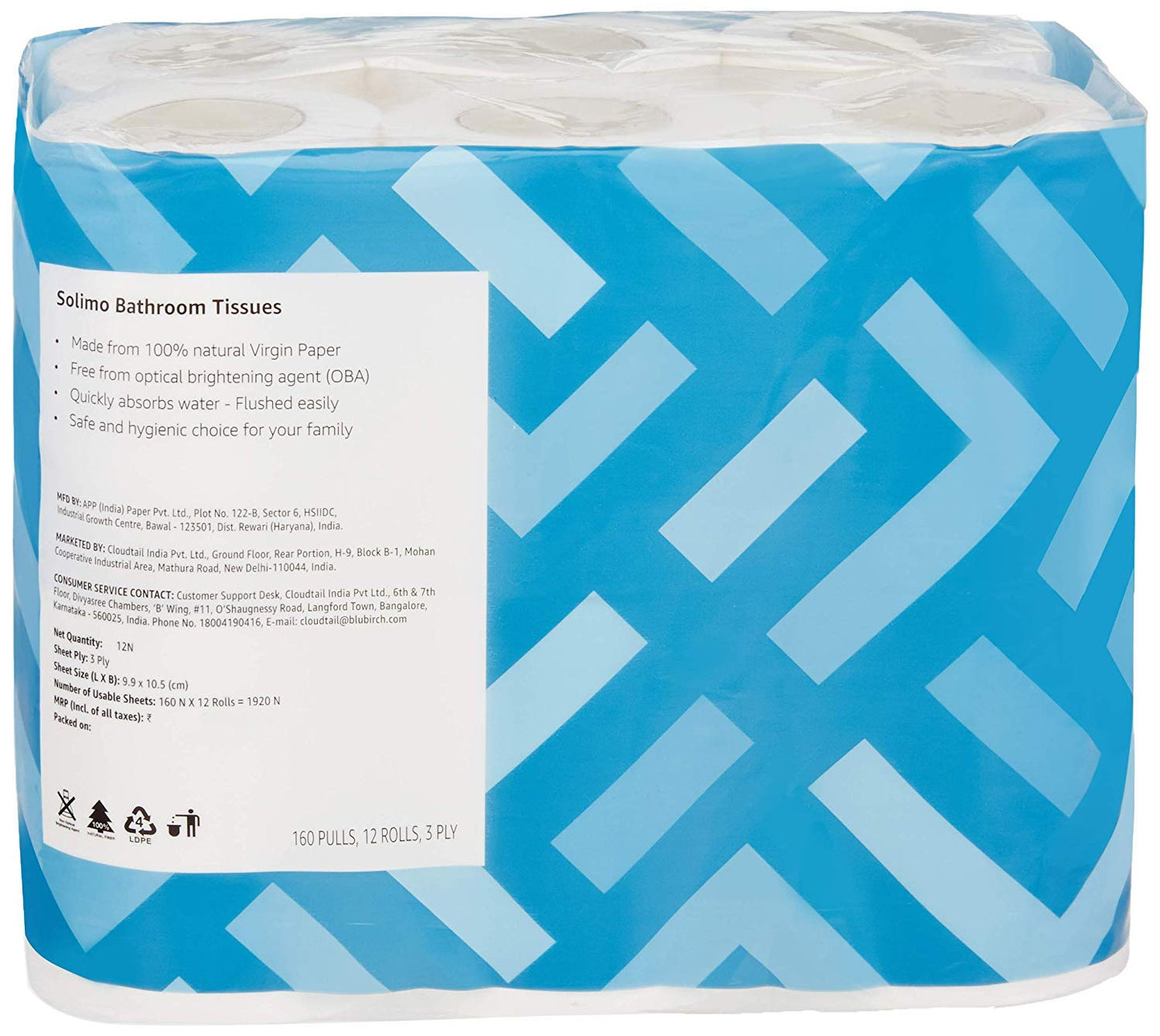 Solimo 3 Ply Toilet Paper Roll | 1920 Pulls | 160 Pulls X 12 Rolls