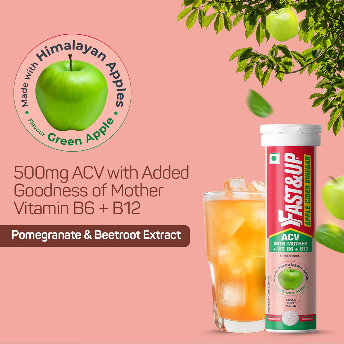 Fast&Up Apple Cider Vinegar with Mother (60 Effervescent tablets) | 1000mg ACV For Weight Management & Bloating | Made with 100% Natural Himalayan Apples| Added Vit. B6 & B12 | Green Apple Flavour