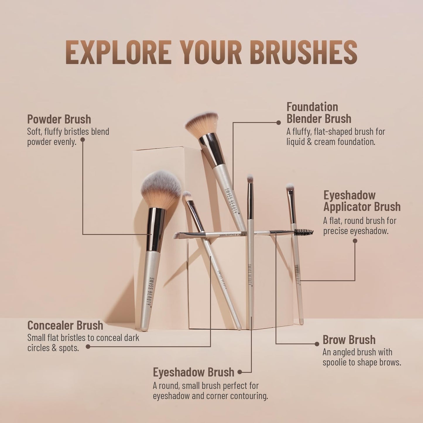 Swiss Beauty Professional Face & Eye Brush Set of 6 with Synthetic Fibres and Easy Blending