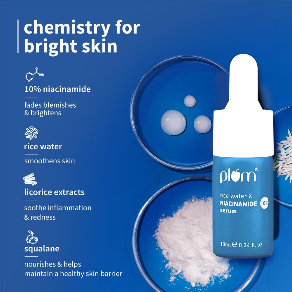 Plum 10% Niacinamide Serum with Rice Water | Provides Clear, Glowing & Brightening Skin | for Acne Prone, Combination, Oily & Sensitive Skin