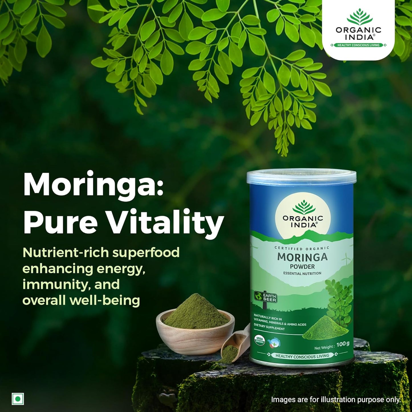 A TATA Product - Organic India Moringa Powder - 100g, Essential Nutrition Superfood, Helps Naturally Boost Energy Levels, Improves Stamina & Vitality, Rich In Vitamins & Minerals