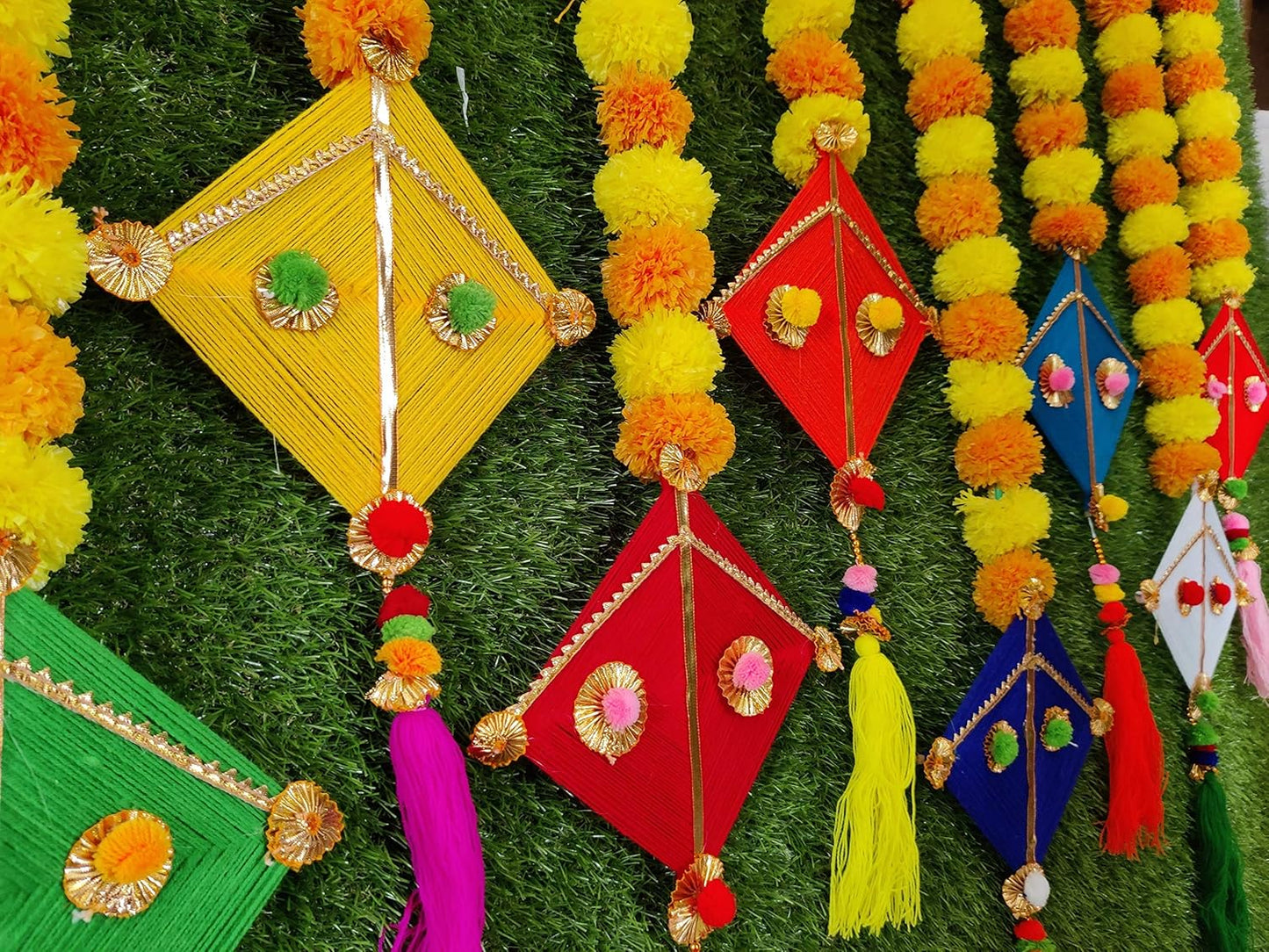 JH Gallery Handmade Artificial Marigold Fluffy Flowers Colorful Woolen Kite Hanging (42 Inches Height Approx.) (10)