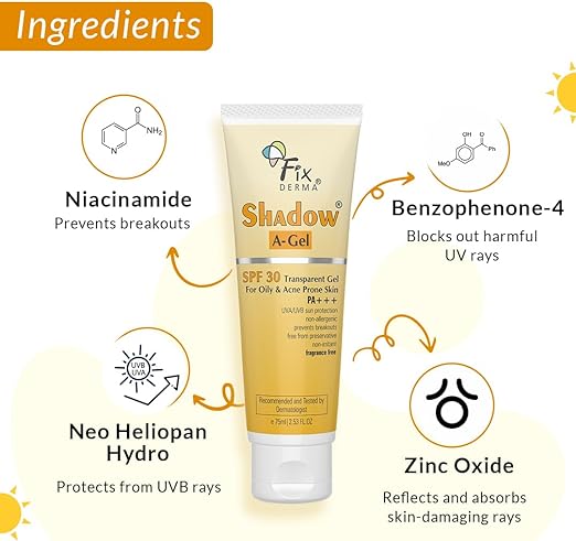 Fixderma Shadow Sunscreen A-Gel SPF 30 for Acne Prone Skin, Non-Oily, Broad Spectrum UVA and UVB Protection, Transparent Gel - 75ml