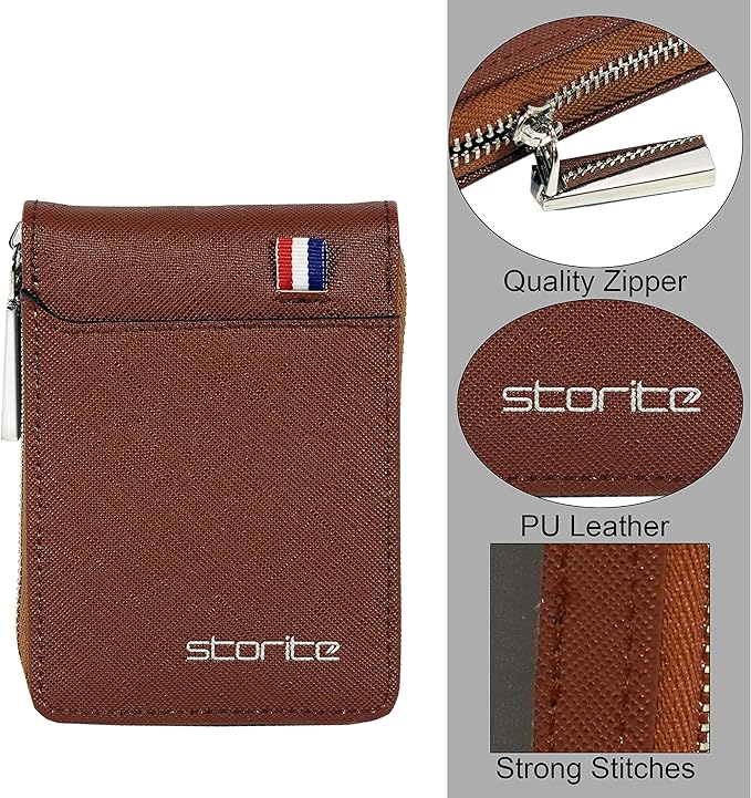 Storite PU Leather 9 Slot Vertical Card Holder Money Wallet Zipper Coin Purse for Men Women -Light Brown,