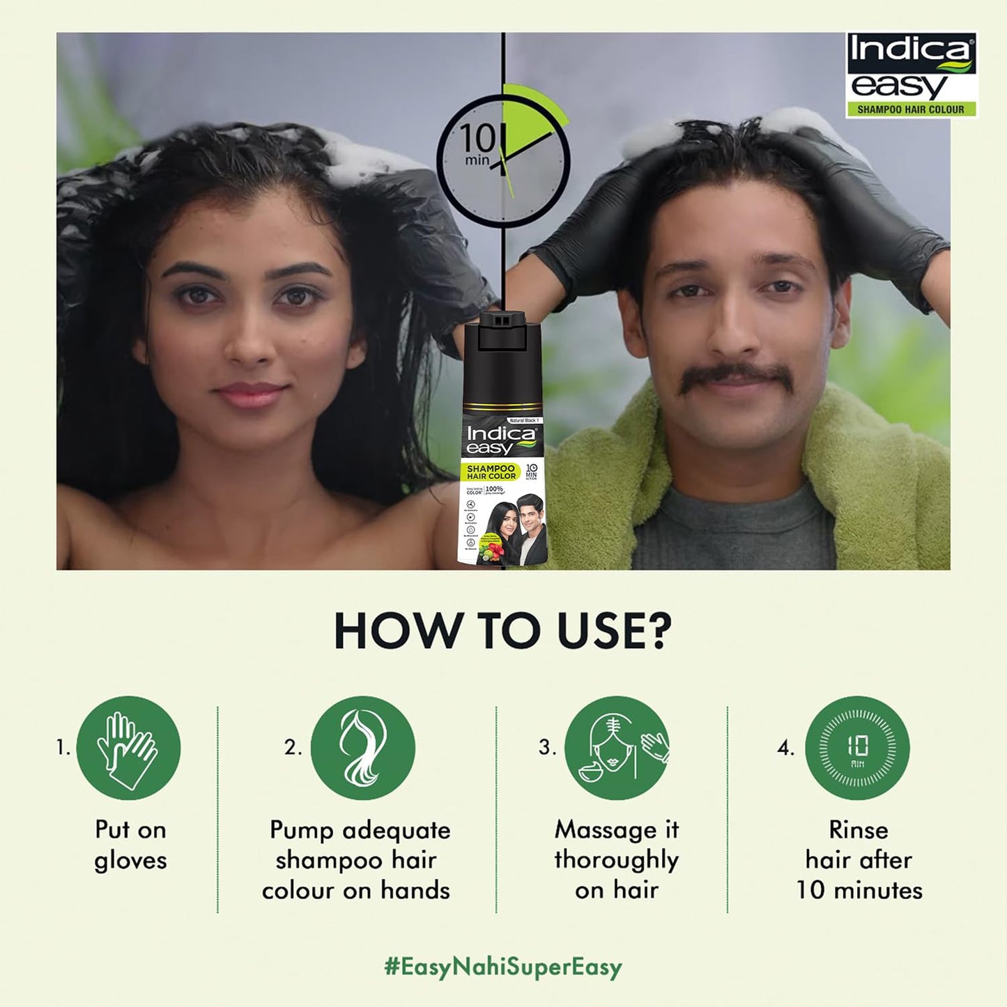 Indica Easy Do-It-Yourself Hair Color Shampoo Pump Pack with 5 Herbal Extracts and 100% Ammonia Free, Long Lasting Formula, 180 ML - Natural Black Colour (Gloves Included)