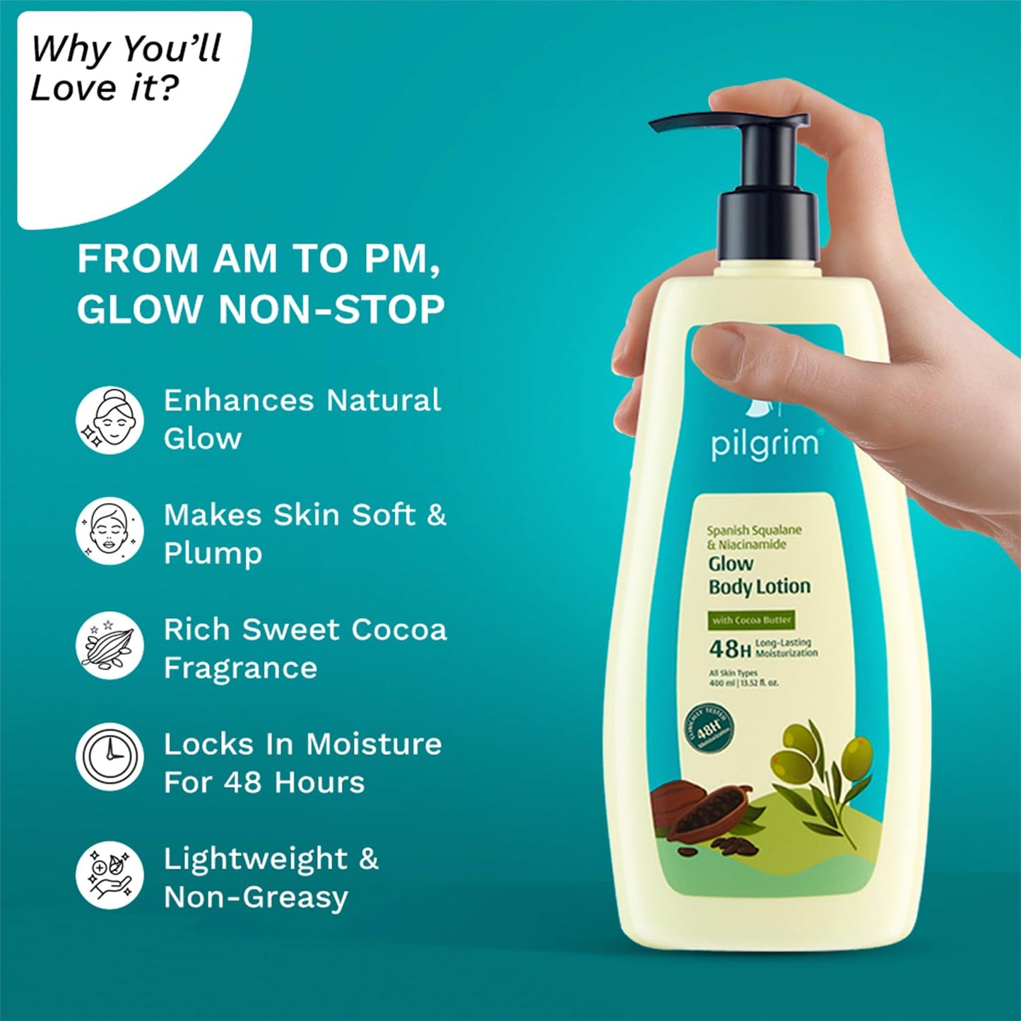 Pilgrim French Red Vine & Hyaluronic Acid Ultra Smooth Body Lotion | 48H Moisturization | Body lotion for dry skin | Infused With Shea Butter | For All Skin Types 400ml (400ml, Niacinamide Glow Body Lotion)