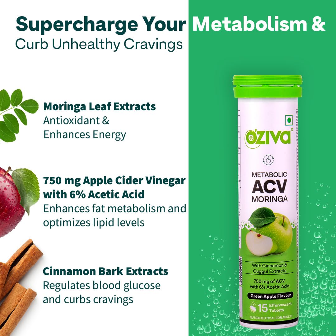 OZiva ACV Moringa | Control Cravings I Apple Cider Vinegar, Cinnamon, Guggul, Green Apple, Pack of 4 (60 tablets)