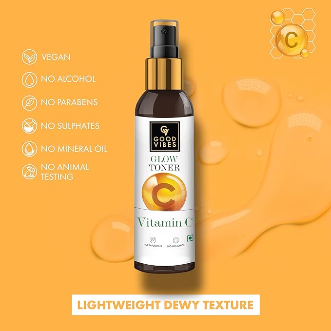 Good Vibes Vitamin C Glow Toner - Goodness of Orange & Kakadu Plum - Lightweight Dewy Texture - Prevents Uneven Skin Tone, Fades Dark Spots - For All Skin Types - Parabens & Sulphates Free - 120 ml