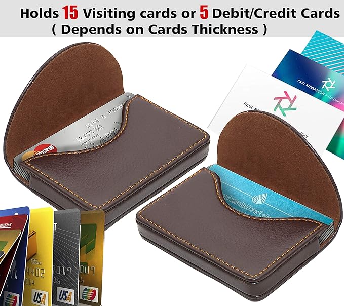 NISUN Leather Pocket Sized Credit Card Holder Name Card Case Wallet with Magnetic Shut for Men & Women Brown (Half Moon Shape)