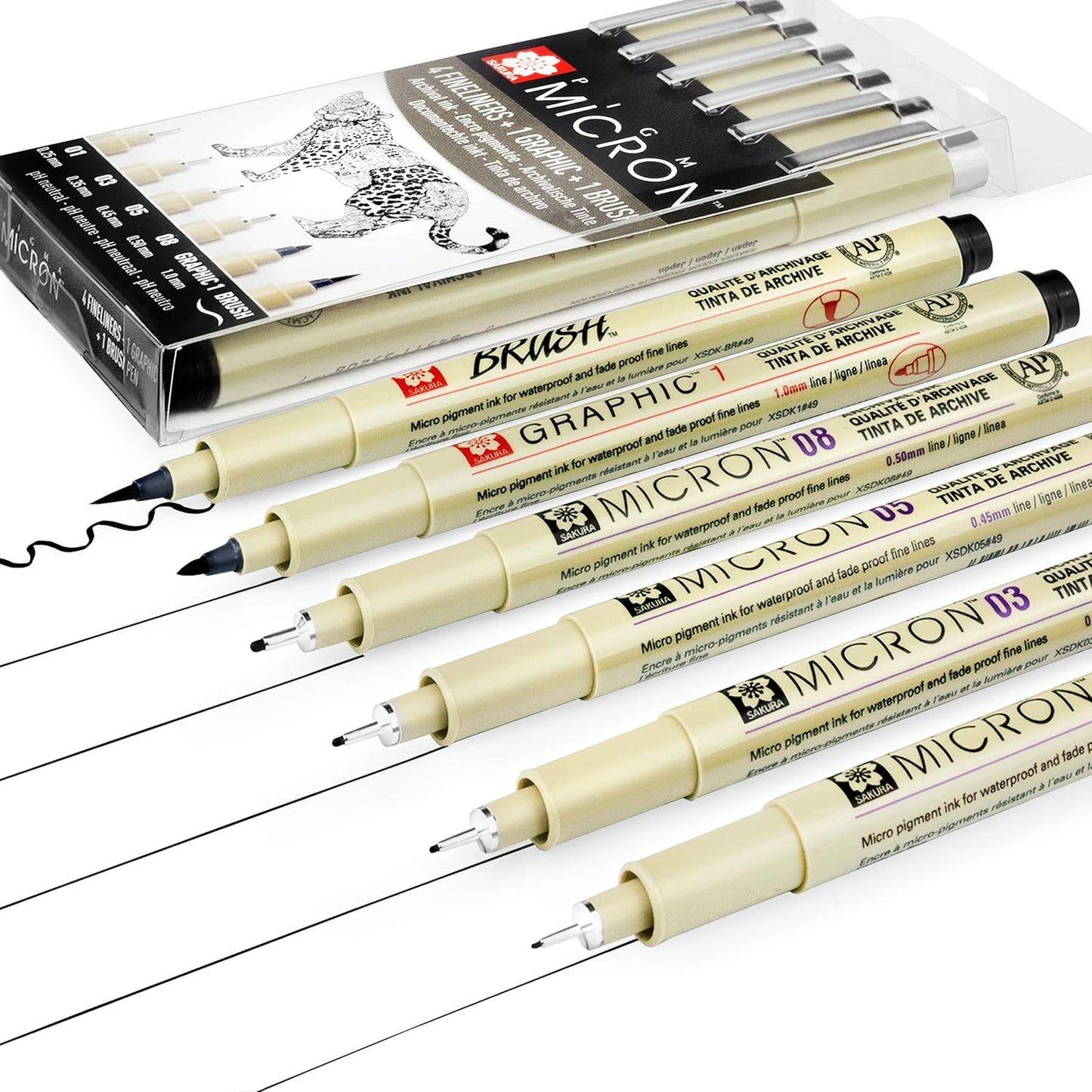 Sakura Pigma Micron - Pigment Fineliner Pens - 01/03/05/08/Graphic/Brush - Wallet of 6 - Black Ink