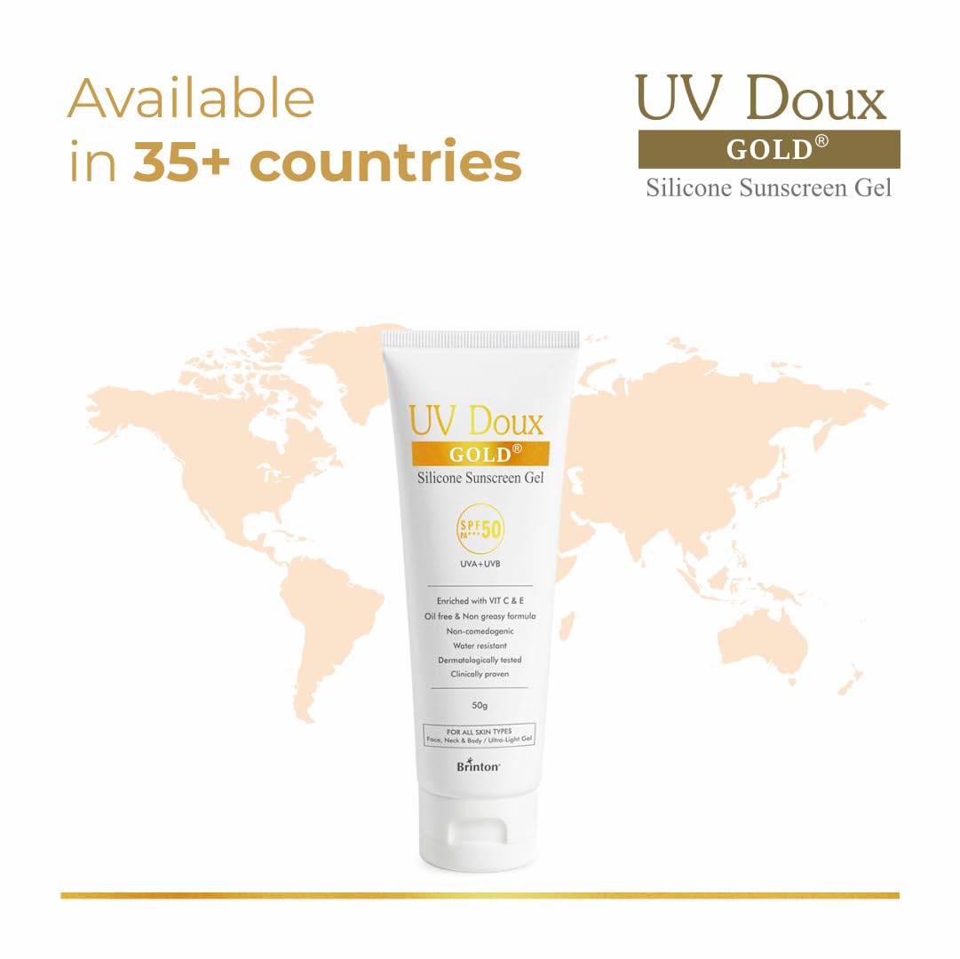 UV Doux Gold Silicone Sunscreen Gel SPF 50 PA+++|With Vitamin C & E|Broad Spectrum UVA/UVB Protection|Anti-Aging, Antioxidant-Rich, Water-Resistant Gel for Hyperpigmentation|Benzene-Free|50g