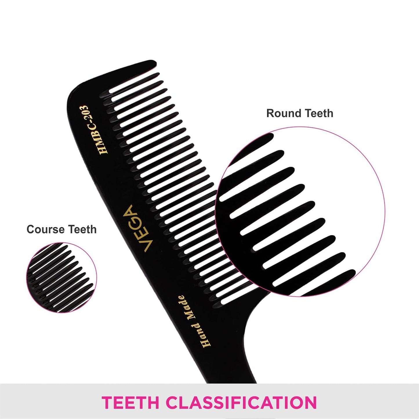 Vega Grooming Hair Comb,Handmade, (India's No.1* Hair Comb Brand)For Men and Women,Black, (HMBC-203)