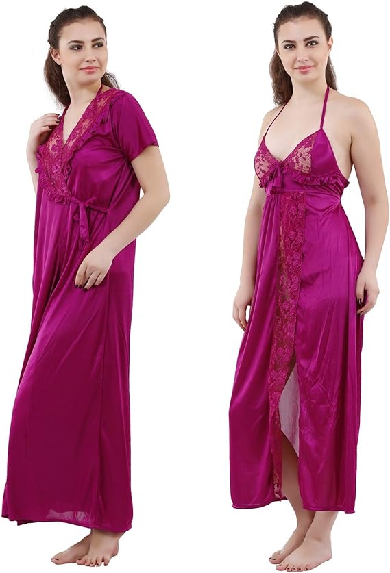 Romaisa Women's Satin Solid Maxi Length Nighty with Robe _Nightwear Set Pack of 2_Free Size