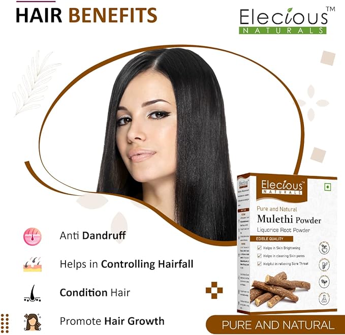 Elecious Mulethi Powder For Body, Skin, Face and Hair (200g), Skin Whitening | Yashtimadhu Powder, Liquorice Powder for Eating