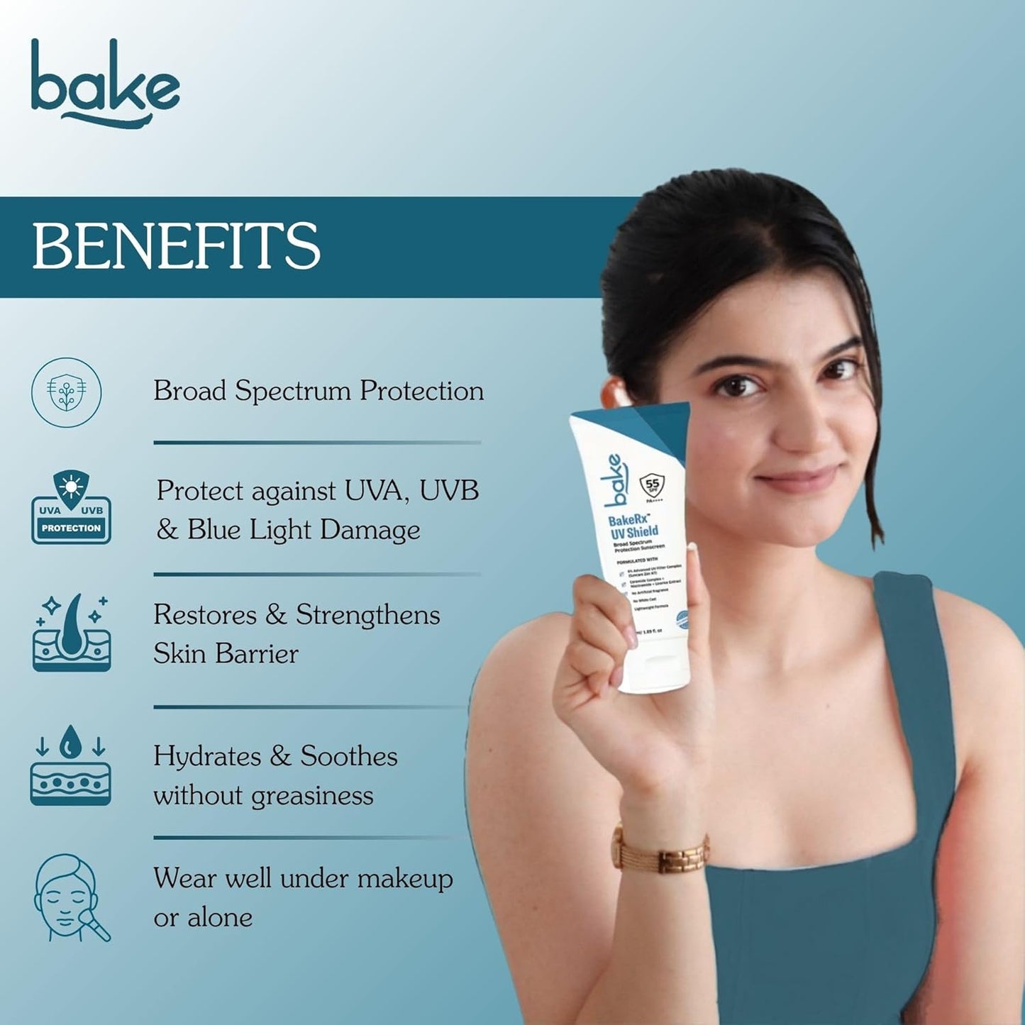 Bake UV Shield Broad Spectrum Sunscreen SPF 55 PA++++ with 6% Advanced UV Filter Complex, 50 gm