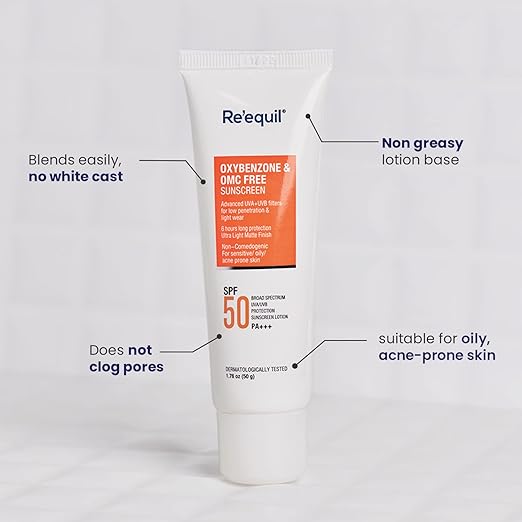 RE' EQUIL Oxybenzone and OMC Free Sunscreen For Oily, Sensitive & Acne Prone Skin, SPF 50 PA+++ - 50g