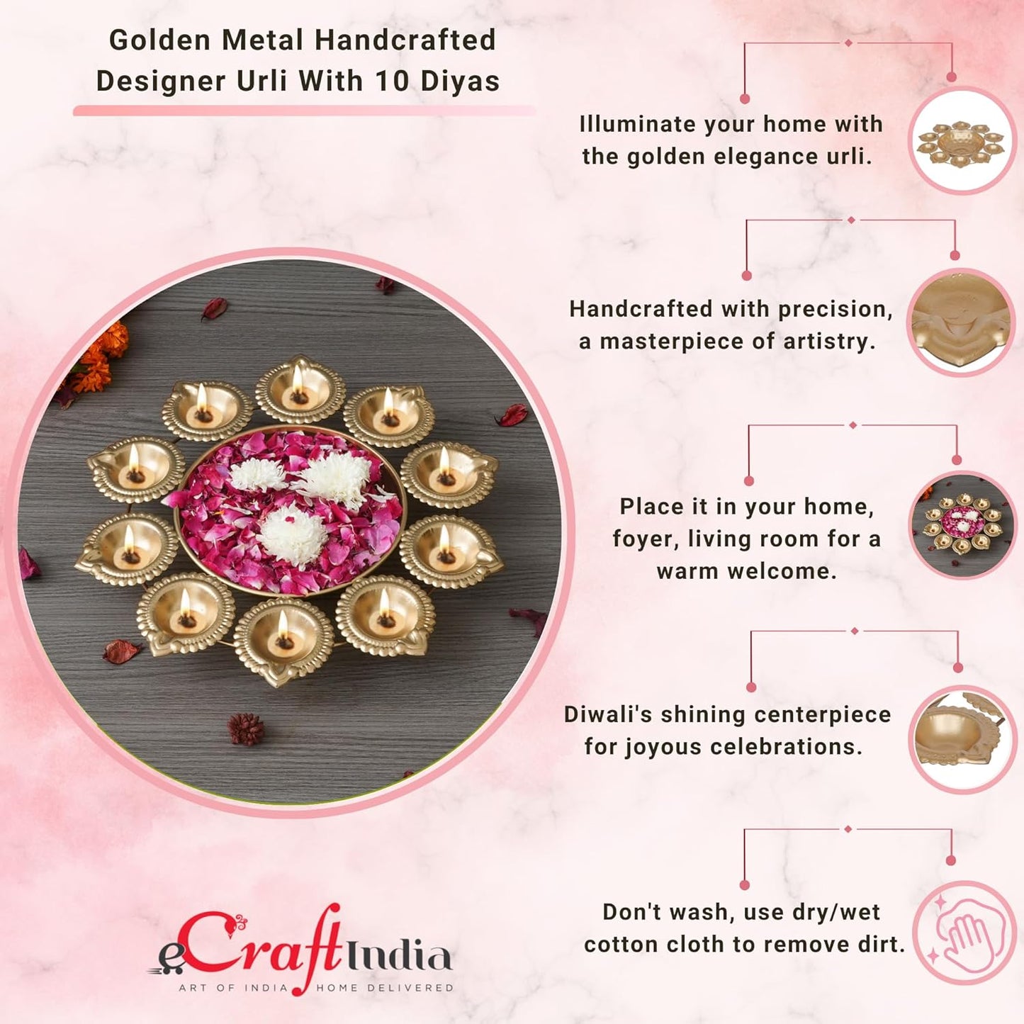 eCraftIndia Golden Metal Handcrafted Flower Decorative Urli with 10 Diyas | s | Diwali Decoration Items for Home Decor | Housewarming, Diwali Gift