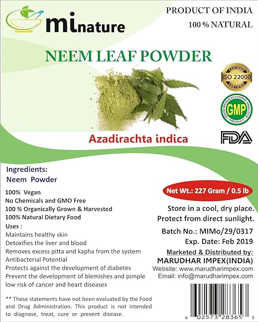 Mi nature Neem Leaf Powder (Azadirachta Indica)/ 100% Pure, Natural and Organic - (227g / (1/2 lb) / 8 ounces) - Resealable Zip Lock Pouch