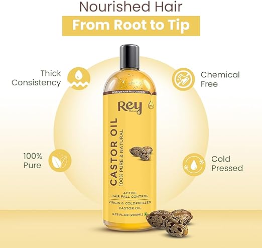 Rey Naturals Premium Cold Pressed Castor Oil - Pure & Virgin Grade - for Healthy Hair and Skin - 200ml