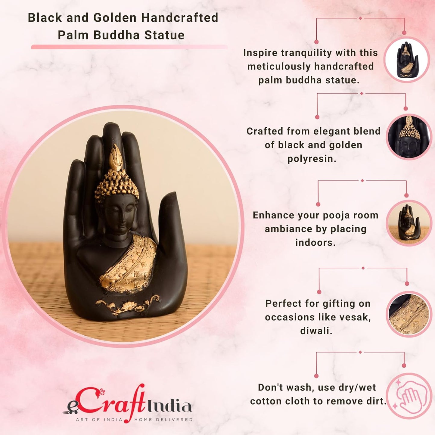 eCraftIndia Polyresin Golden Handcrafted Palm Buddha Polyresin Showpiece (12.5 cm x 7.5 cm x 17.5 cm, Black)