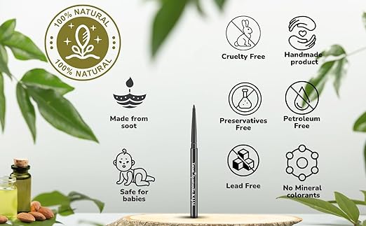 TATSAT-100% Natural Ayurvedic herbal kajal kohl Pencil with Herbs to nourish eyes,Medicated Soot,Desi Cow Ghee & Almond oil | No Preservatives | No chemicals | No irritation | Soot black |