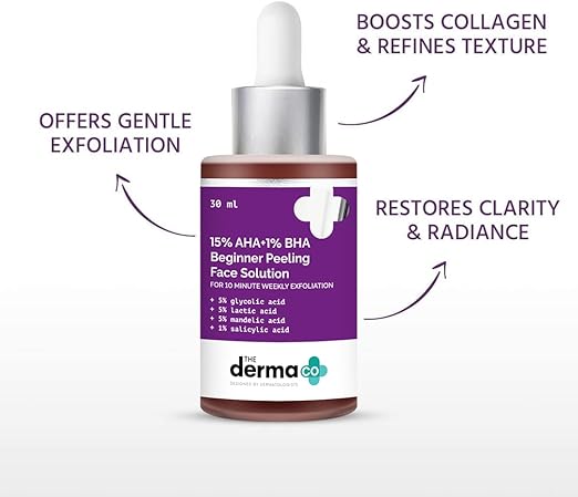 The Derma Co 15% AHA + 1% BHA Beginner Face Peeling Solution for 10-Minute Weekly Exfoliation - 30ml