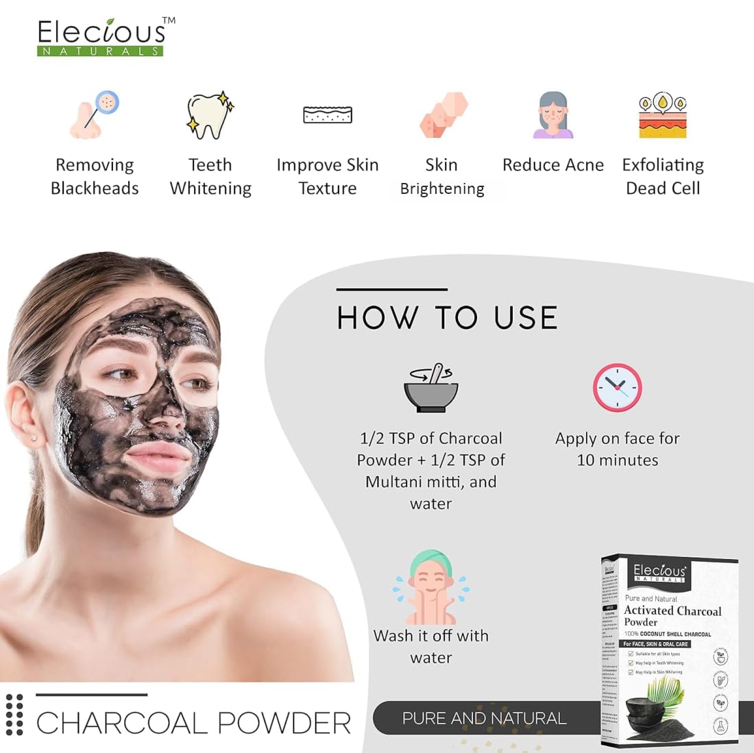Elecious Naturals Activated Charcoal powder, 200 gm, Coconut Charcoal powder