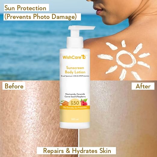 WishCare SPF50 Sunscreen Body Lotion - Broad Spectrum - UVA & UVB Protection with No White Cast - With Carrot Seed & Raspberry - For Men & Women - 200ml