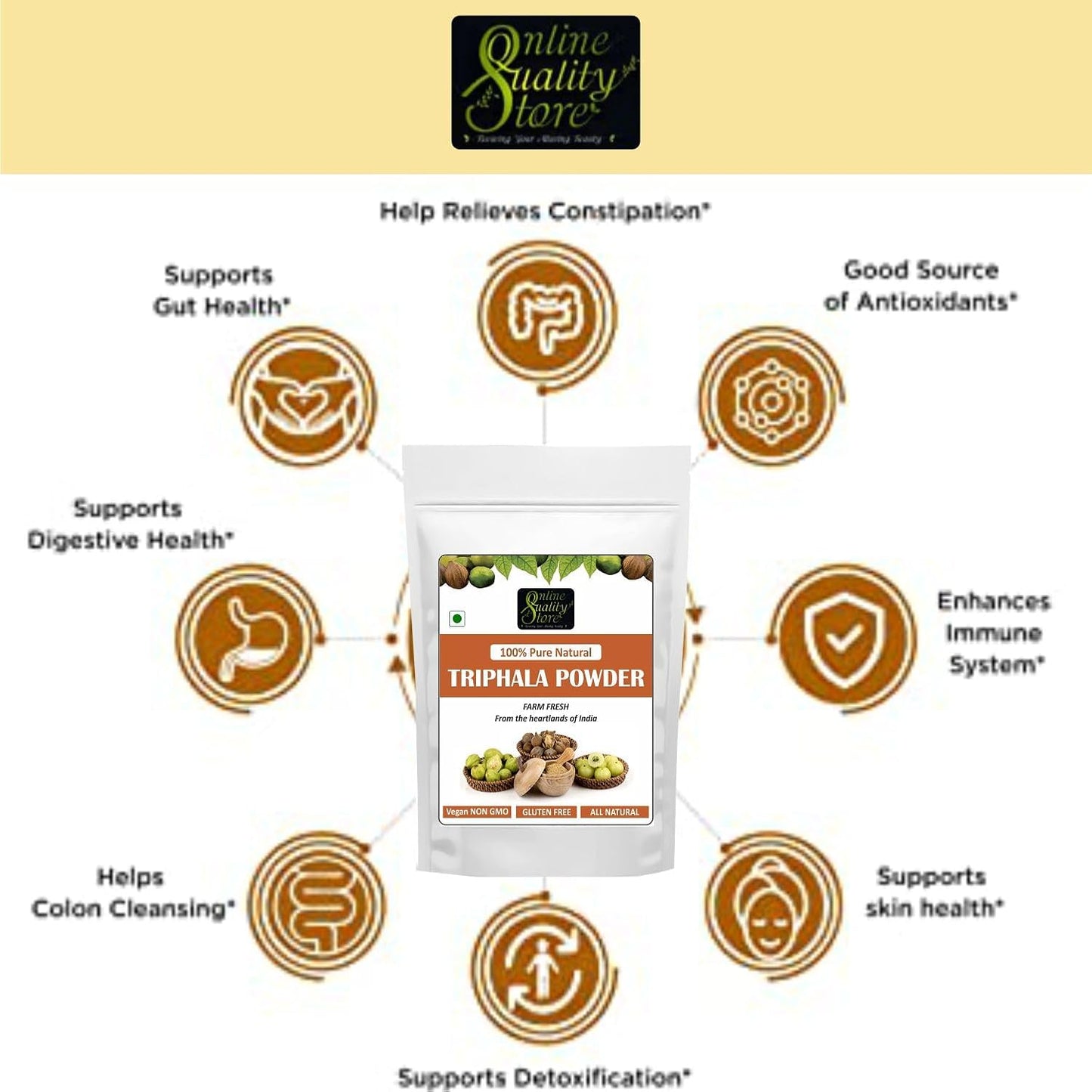 Online Quality Store Triphala Powder - 100g for eating, hair and skin, churna powder of Amla, Behada, Harada
