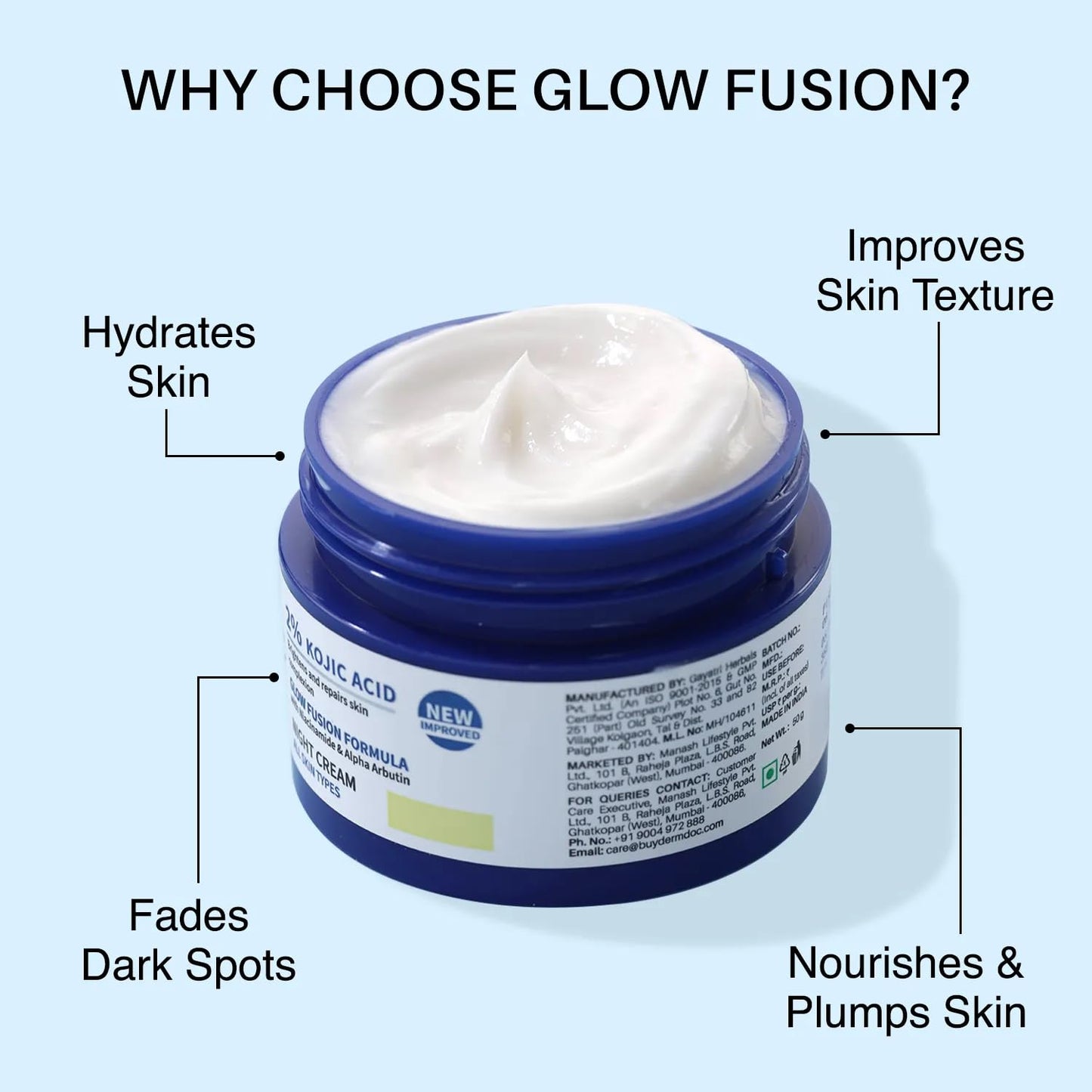DERMDOC 2% Kojic Acid Glow Fusion Formula Night Cream with Niacinamide & Alpha Arbutin for Skin Brightening | Face Cream I Night Cream I I Glowing Skin 15g