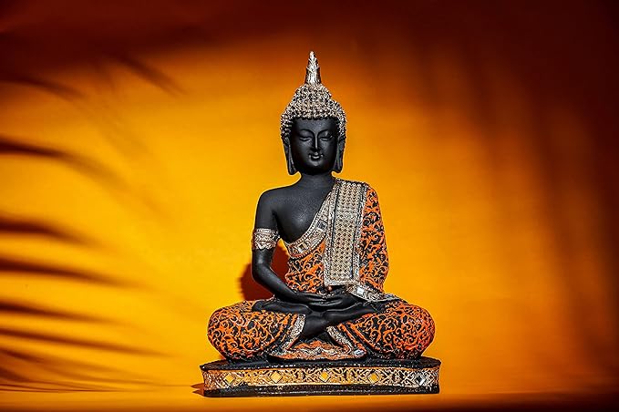 Global Grabbers Sitting Buddha Idol Statue Showpiece (Orange and Black)