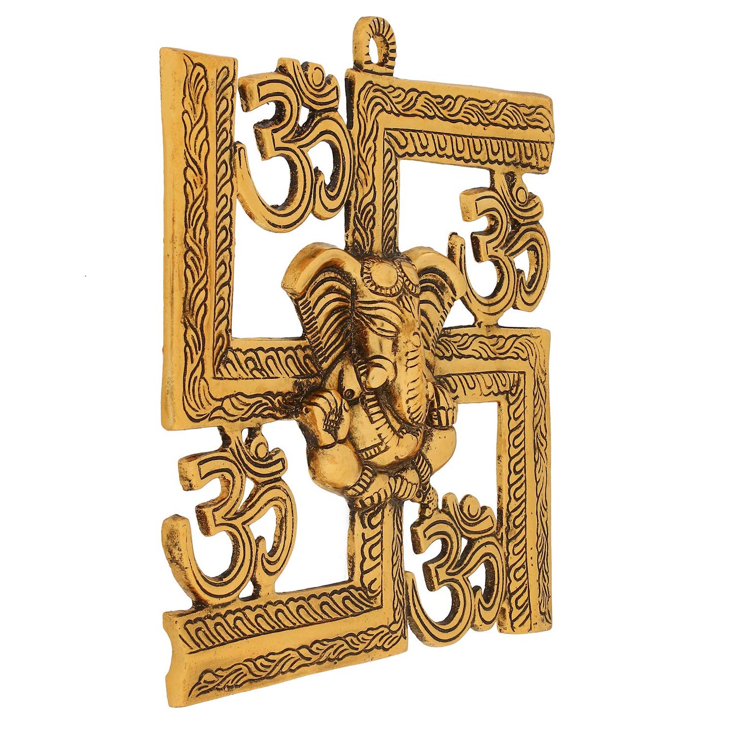 eCraftIndia Lord Ganesha on Om Swastik Metal Golden Wall Hanging